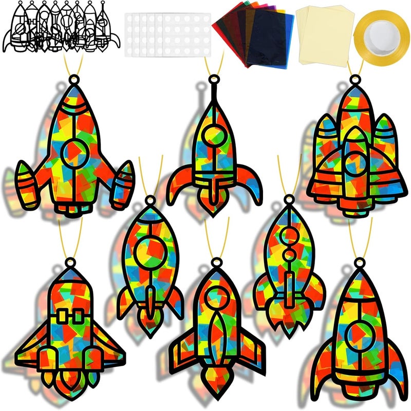 QOUBAI 32 Sets Outer Space Rocket Suncatchers Craft Kit DIY Window Stained Glass Effect Space Theme Paper Crafts for Home School Classroom Decoration Kid Birthday Gifts Creative Art Projects Activity Game - Image 1